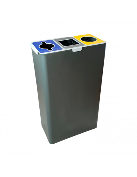 Papelera reciclaje rectangular compacta tres residuos con aros sujeta-bolsas