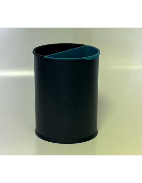 Papelera de habitación metálica negra con dos cubetas semicirculares de plástico